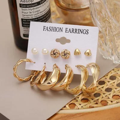 6 Pairs Chunky Golden Hoop Earrings Set